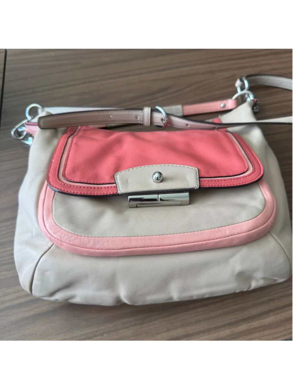 Coach Kristin Colorblock Leather Shoulder Crossbody Bag Beige Coral Pink F22509